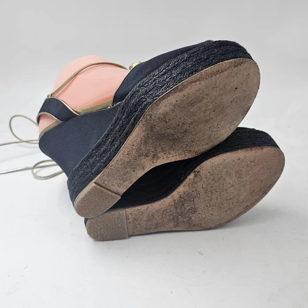 Ralph Lauren Collection Navy Gold Canvas Espadrille Wedge Lace Up